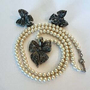 Vintage 90’s Avon Bow Faux Pearl Marcasite Necklace & Stud Earrings